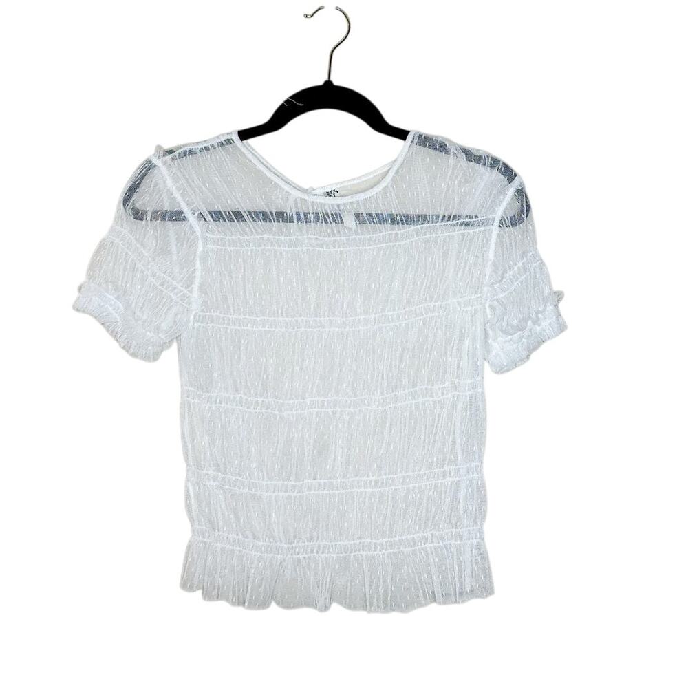 Free People Intimately Short Sleeve Sheer Lace Top Ruched Dot Mesh Ruffle Small